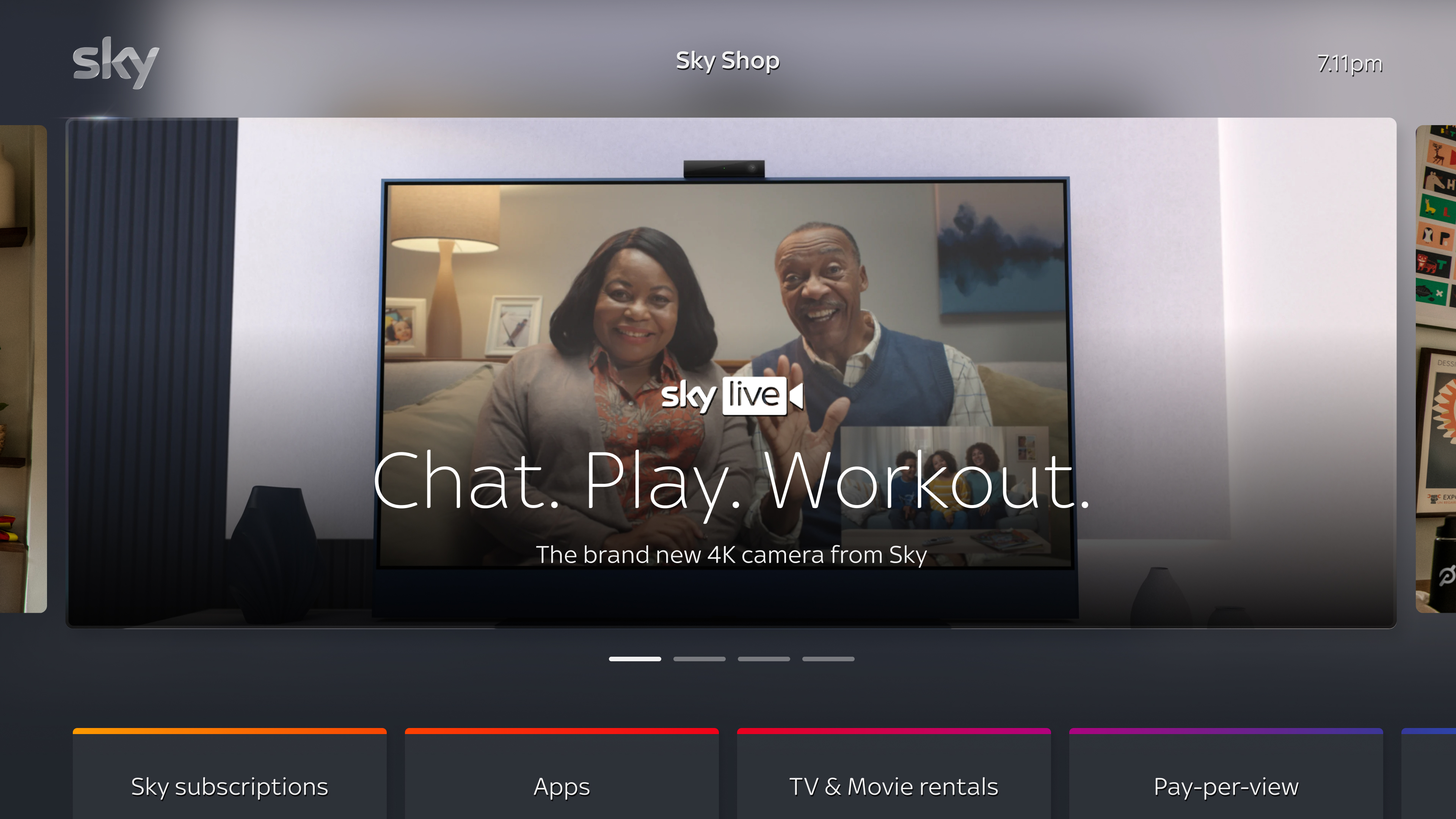 Sky Shop billboard with categories: Sky subscriptions, Apps, TV & Movie rentals, Pay-per-view